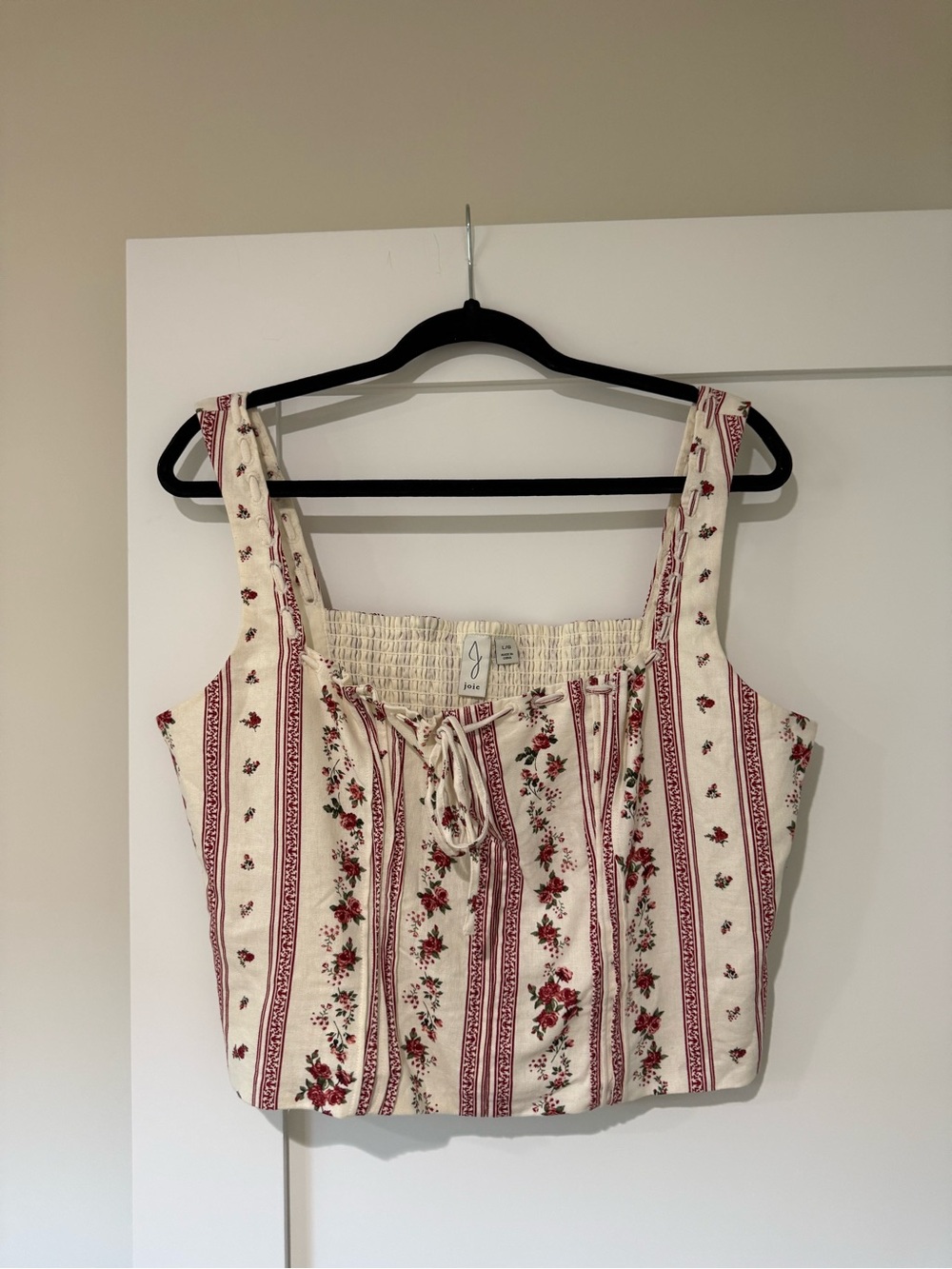 Joie Floral Stripe Smocked Crop Tank Top - Cream & Red